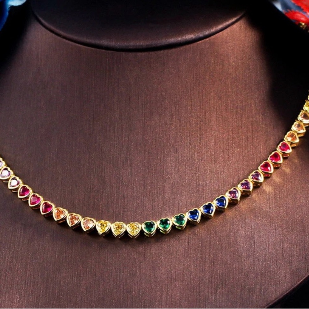 Gold plated zircon Multicolor Heart Necklace adjustable length
